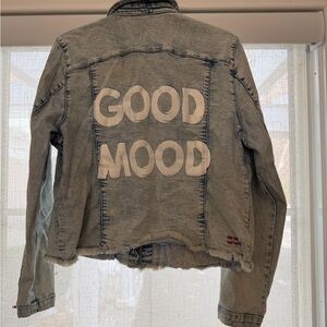 Peace love world Denim Jacket with 'Good Mood' Text